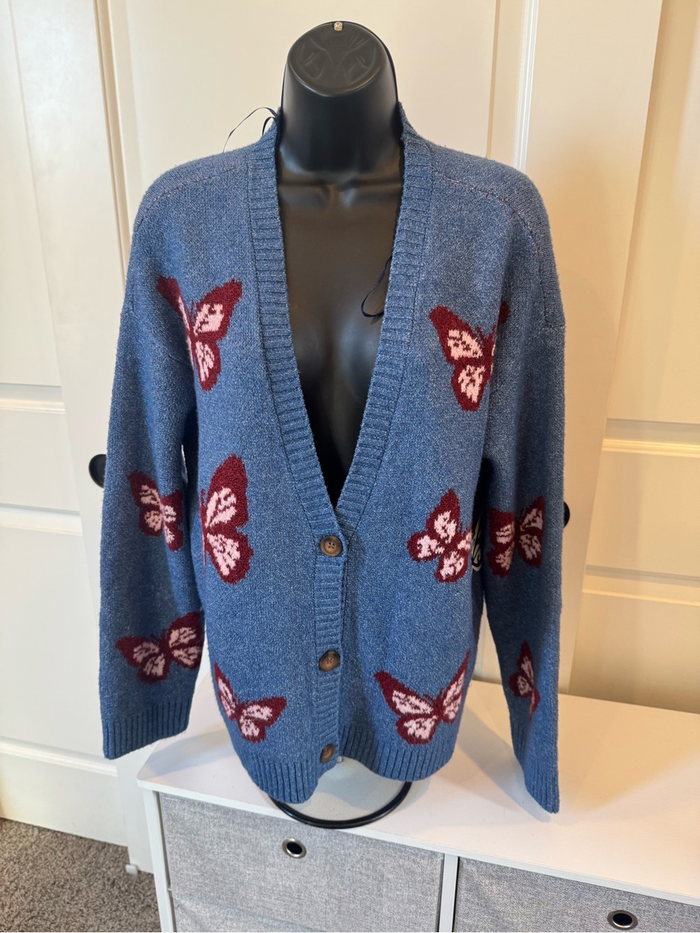 Self Esteem Blue Cardigan with Burgundy Butterfly Motifs